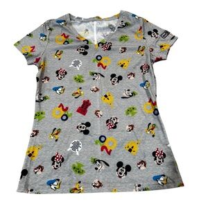Disney Character Print Gray short sleeved V neck T-Shirt, Mickey Minnie, XS.